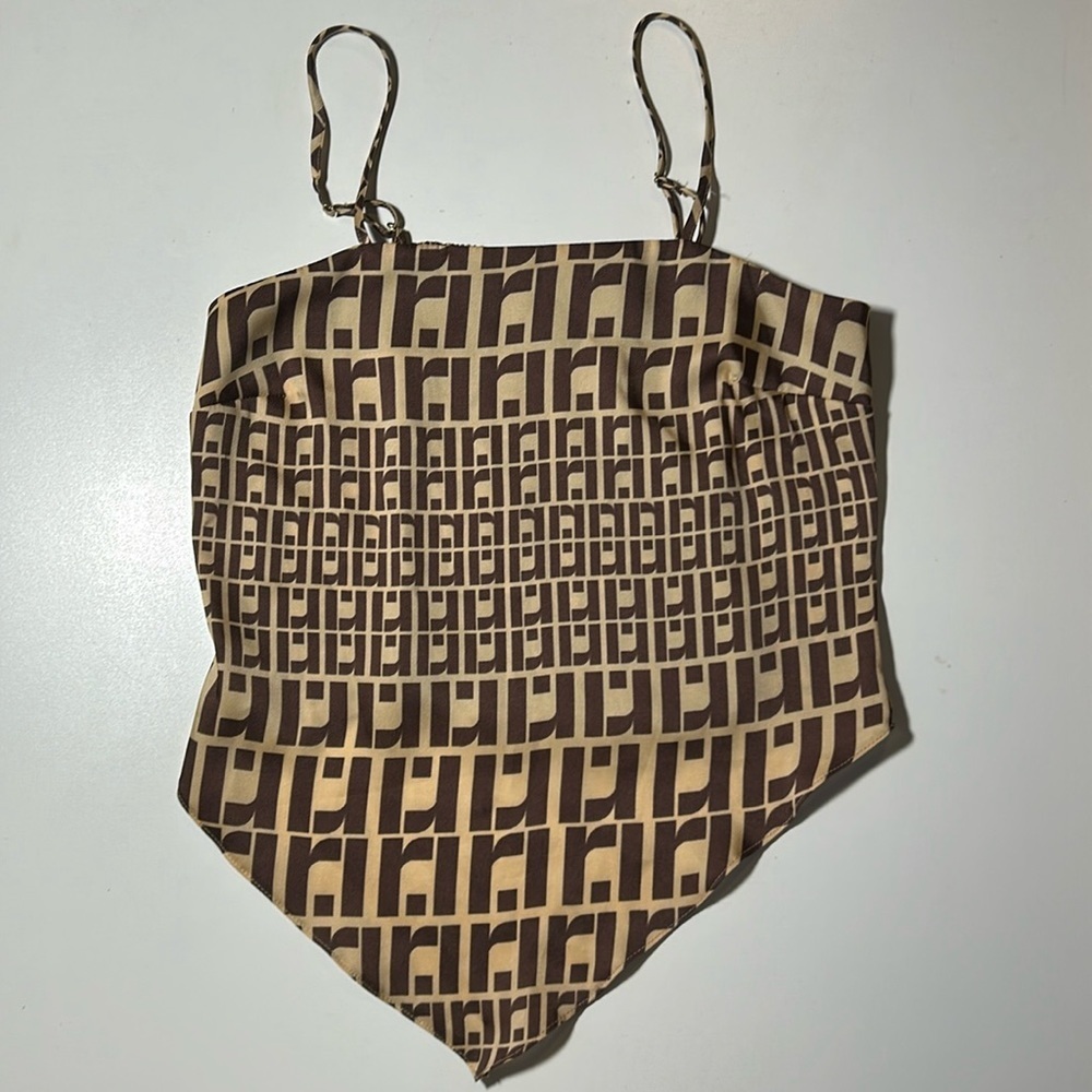 River Island Handkerchief Brown and Tan Crop Top 100% Polyester Sz 2 F